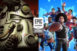 Grafika promująca darmowe gry "Kolekcja Fallout i Wild Card Football" w Epic Games Store, z ikoną zbroi z Fallouta po lewej i drużyną piłkarską z Wild Card Football po prawej, z logo Epic Games Store na środku.