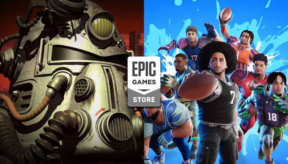 Grafika promująca darmowe gry "Kolekcja Fallout i Wild Card Football" w Epic Games Store, z ikoną zbroi z Fallouta po lewej i drużyną piłkarską z Wild Card Football po prawej, z logo Epic Games Store na środku.