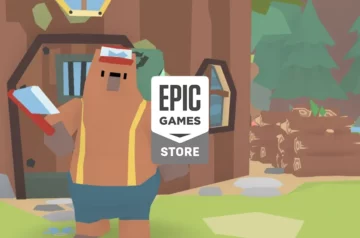 LumbearJack za darmo w Epic Games Store: Ilustracja z gry LumbearJack. Przed drewnianym domkiem stoi antropomorficzny niedźwiedź ubrany w niebieskie spodenki, żółtą kamizelkę i czerwoną czapkę. W prawej łapie trzyma topór. W tle widać stos drewna oraz las. Na środku obrazu znajduje się logo Epic Games Store.