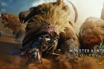 Obra z gry Monster Hunter Wilds, gdzie widzimy wojownika toczącego pojedynek z wielkimi bestiami.