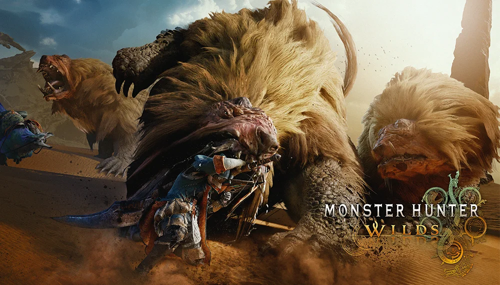 Obra z gry Monster Hunter Wilds, gdzie widzimy wojownika toczącego pojedynek z wielkimi bestiami.