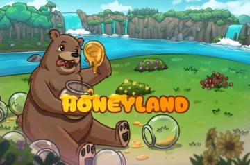 Premiera HoneyLand — logo i obrazek promujący grę. Miś objadający się miodem na łące z rzeką i lasem w tle.