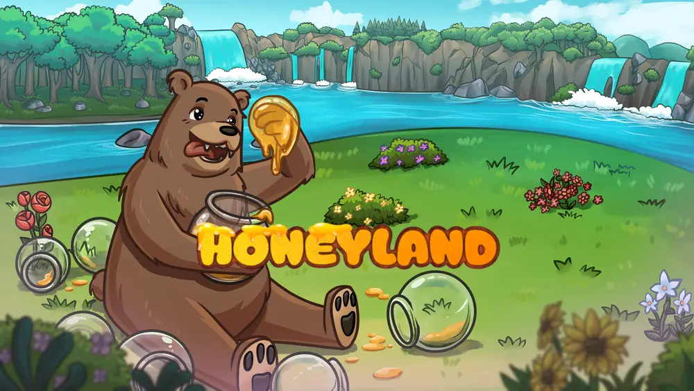 Premiera HoneyLand — logo i obrazek promujący grę. Miś objadający się miodem na łące z rzeką i lasem w tle.