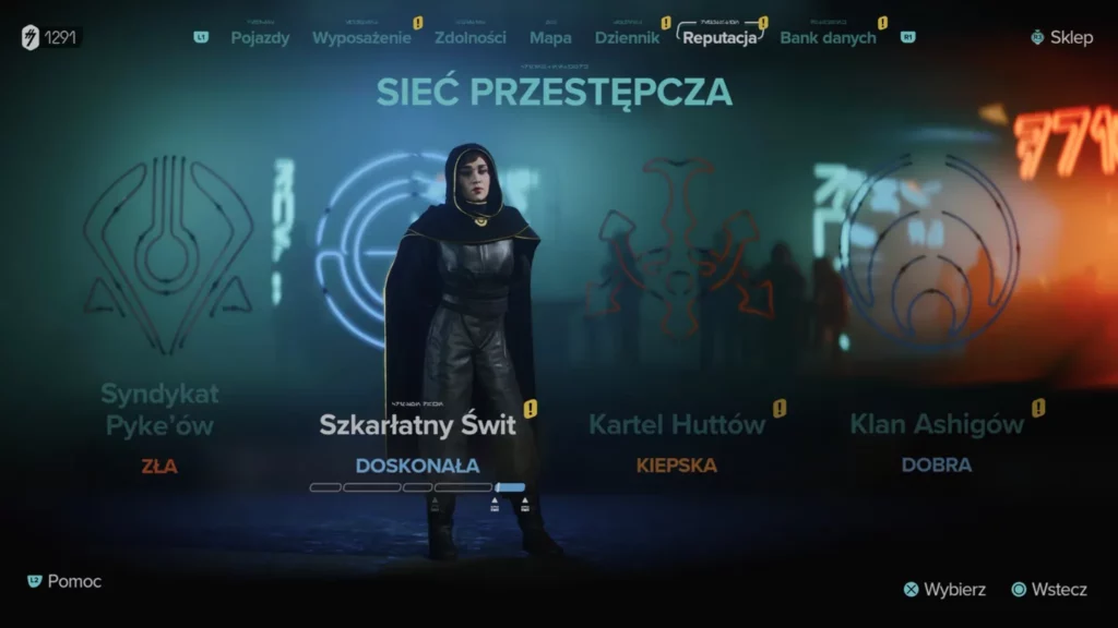 Menu reputacji w grze, pokazujące różne syndykaty przestępcze, z informacją o stosunkach postaci z nimi.