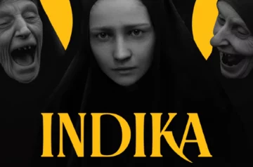 Logo gry Indika. Na nim główna bohaterka po środku, obok niej znajdują się siostry klasztorne z szyderczym uśmiechem patrzące na bohaterkę.