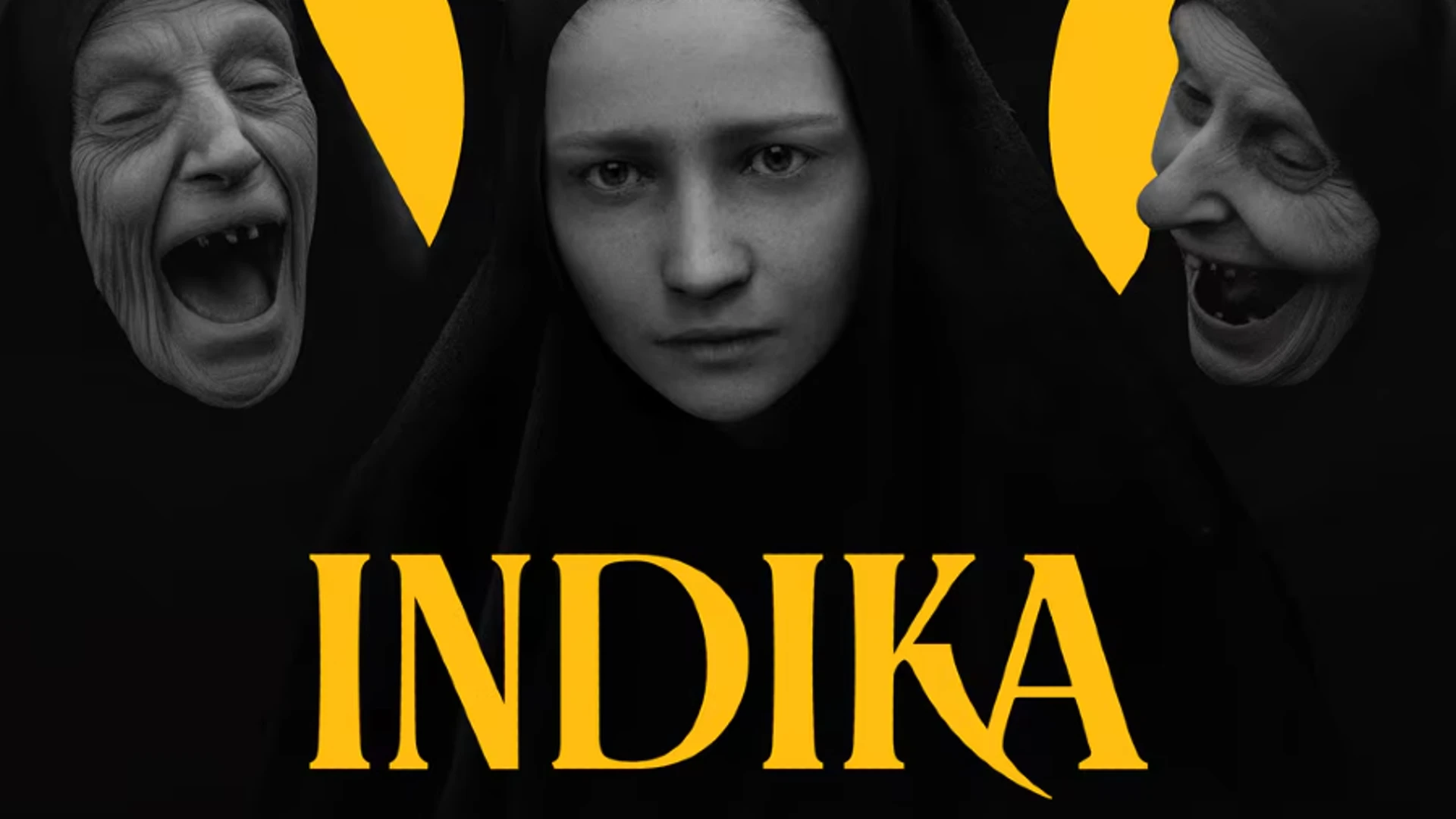 Logo gry Indika. Na nim główna bohaterka po środku, obok niej znajdują się siostry klasztorne z szyderczym uśmiechem patrzące na bohaterkę.