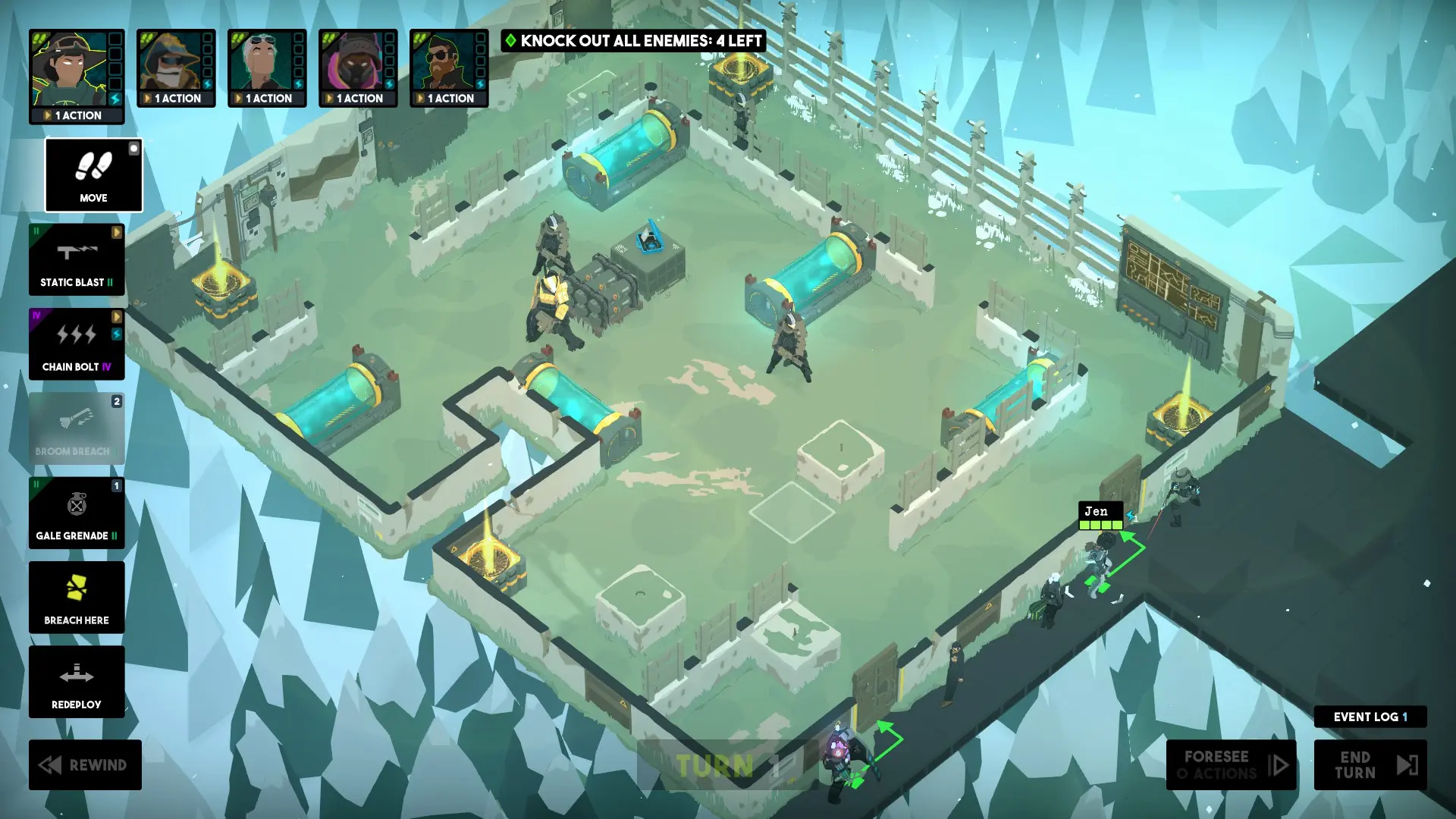 Widok na obszar gry w Tactical Breach Wizards. Pomieszenie z trzema przeciwnikami w pancerzu i z wielką bronią, dookoła nich szklane pojemniki z niebieską enetrgią, oraz kwadratowe konstrukcje, emanujące ż&oacute;łtym światłem. Przy drzwiach do pomieszczenia pięć postaci szykujących się do wtargnięcia do środka. W prawym g&oacute;rnym rogu lista postaci oraz zadanie do wykonania, przy lewej krawędzi ekranu lista dostępnych akcji.