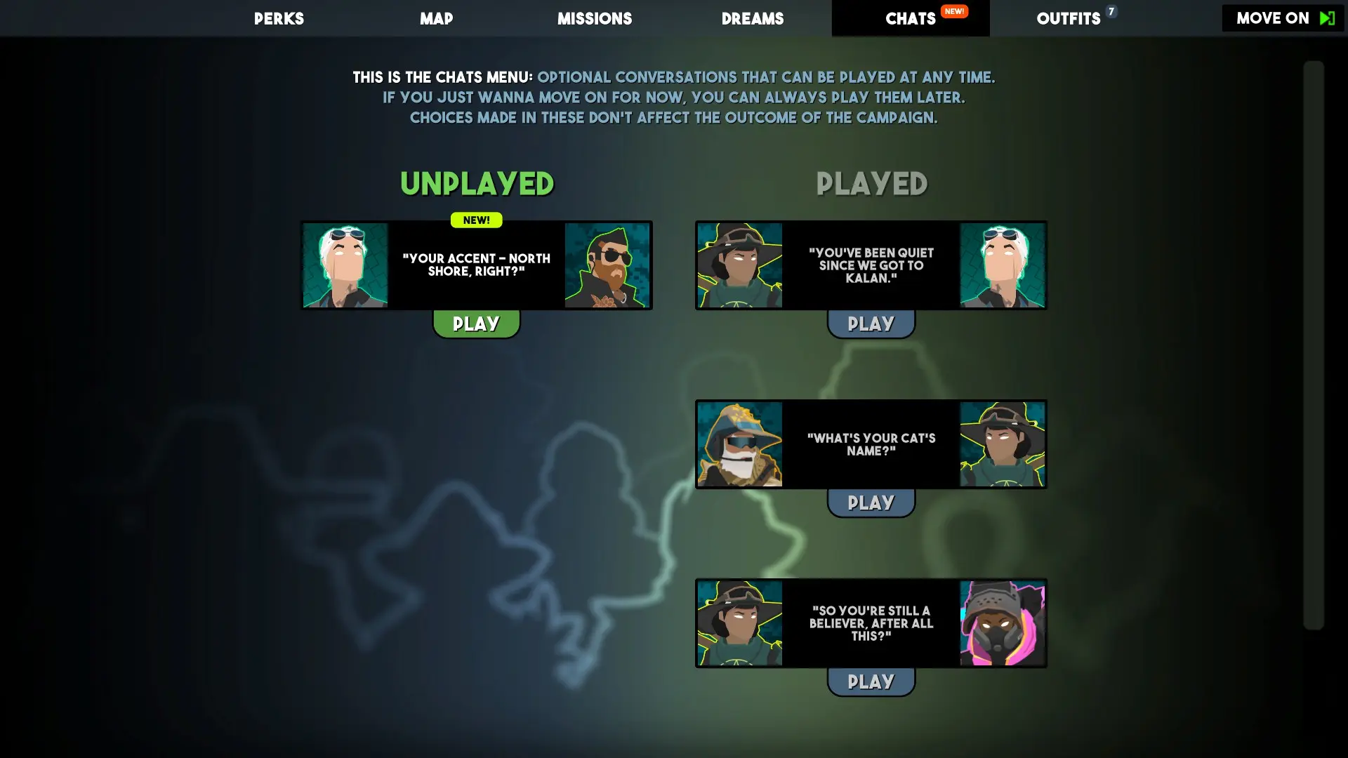 Ekran "chats" z Tactical Breach Wizards. Jeden nieobejrzany czat, trzy odegrane, przy każdym widać miniaturki postaci i kr&oacute;tki opis, o czym opowiada.