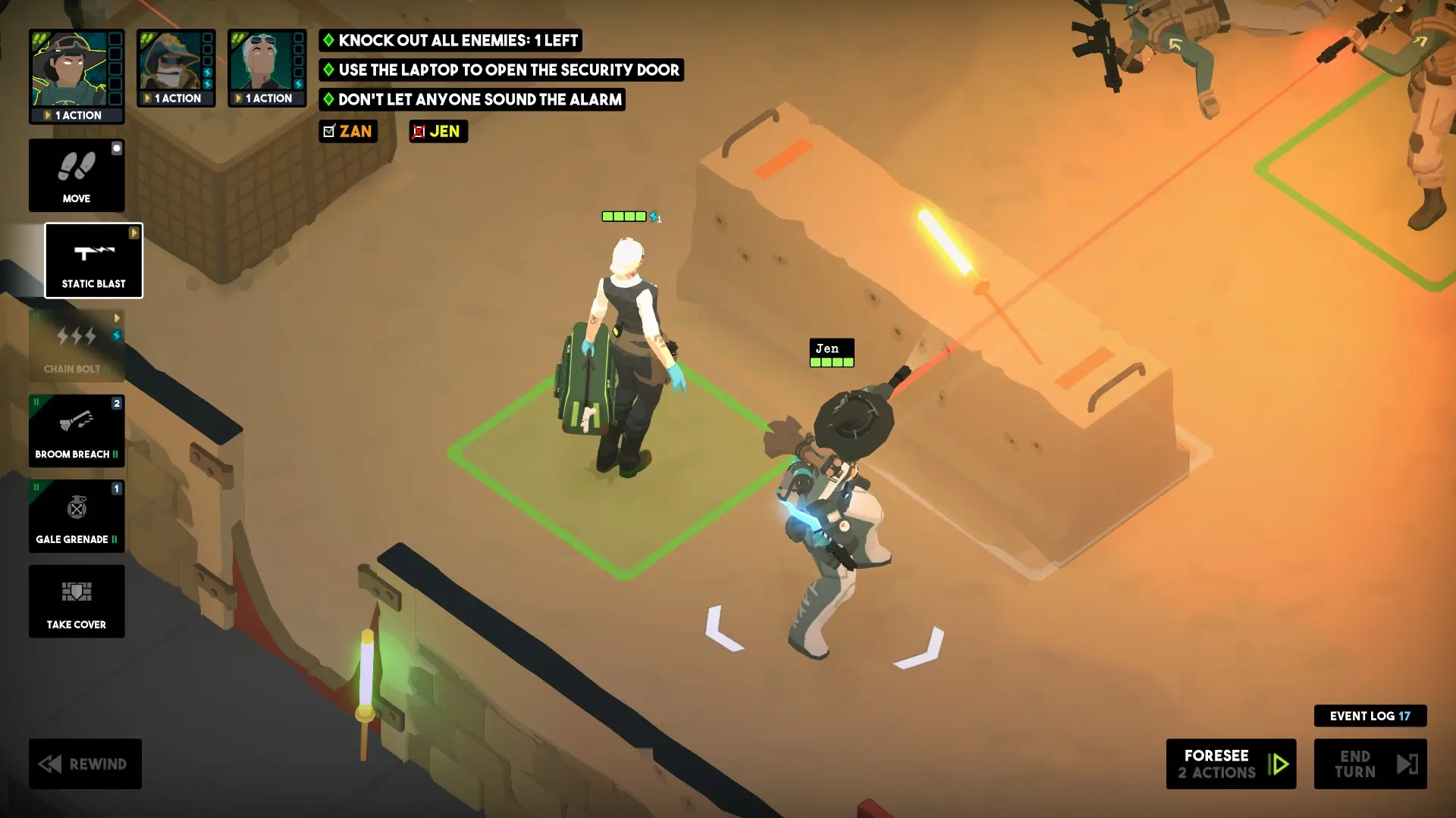 Zbliżenie na dwie postacie, jedna z medyczną torbą, druga z latarką. W rogu widać jedną ogłuszoną postać, obok niej karabin, a druga, podobnie wyglądająca celuje do jednej z postaci gracza.