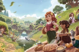 Grafika z Tales of the Shire. Ilustracja przedstawia idylliczną scenerię w stylu hobbitów. Na pierwszym planie widać grupę hobbitów siedzących na pikniku. Na środku stoi rudowłosa hobbitka z kwiatem we włosach, ubrana w biały top i zieloną spódnicę, trzymająca kosz. Obok niej siedzi hobbit w brązowej kamizelce i rozmawia z inną osobą. Na pikniku leżą różne przysmaki, takie jak ciasto, pieczywo i napoje. W tle widać hobbitowe domki wbudowane w pagórki, z małymi oknami i drzwiami otoczonymi roślinnością. Kilka hobbitów zajmuje się różnymi czynnościami, jak łowienie ryb w stawie i zabawa z motylem. Cała scena jest jasna, zieleń jest soczysta, a słońce oświetla malowniczy krajobraz pełen drzew i kwiatów. Atmosfera jest spokojna i radosna, oddając sielankowy styl życia hobbitów.