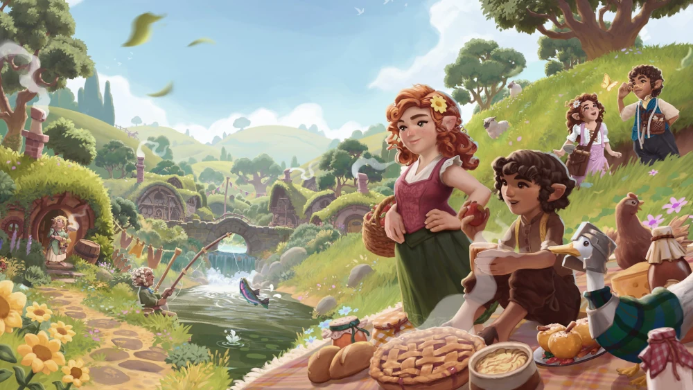 Grafika z Tales of the Shire. Ilustracja przedstawia idylliczną scenerię w stylu hobbitów. Na pierwszym planie widać grupę hobbitów siedzących na pikniku. Na środku stoi rudowłosa hobbitka z kwiatem we włosach, ubrana w biały top i zieloną spódnicę, trzymająca kosz. Obok niej siedzi hobbit w brązowej kamizelce i rozmawia z inną osobą. Na pikniku leżą różne przysmaki, takie jak ciasto, pieczywo i napoje. W tle widać hobbitowe domki wbudowane w pagórki, z małymi oknami i drzwiami otoczonymi roślinnością. Kilka hobbitów zajmuje się różnymi czynnościami, jak łowienie ryb w stawie i zabawa z motylem. Cała scena jest jasna, zieleń jest soczysta, a słońce oświetla malowniczy krajobraz pełen drzew i kwiatów. Atmosfera jest spokojna i radosna, oddając sielankowy styl życia hobbitów.