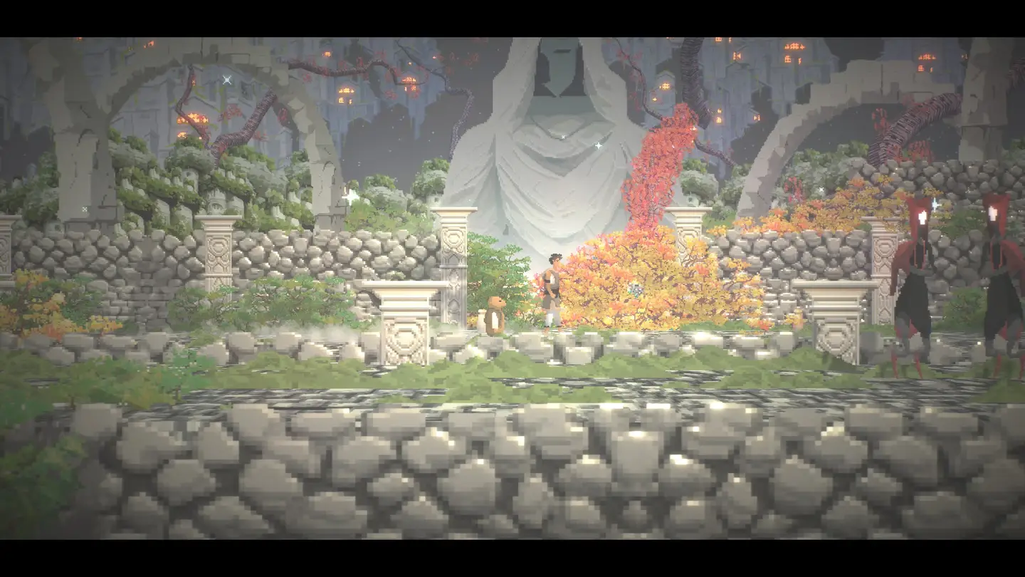 Bohaterowie na przepięknej planecie otoczeni kamiennymi murami i zielenią.