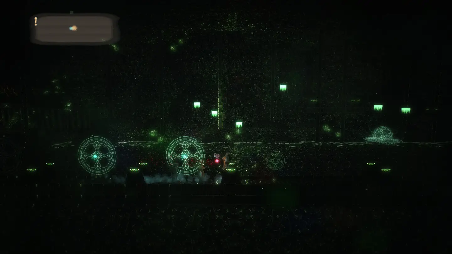 Wnętrze ciemnego tunelu rozświetlonego zieloną poświatą.