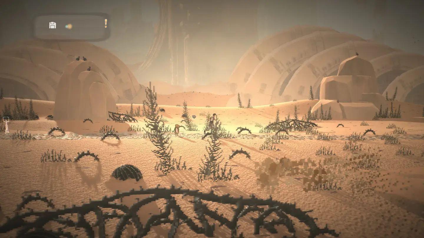 Powierzchnia pustynnej planety z ogromnymi budowlami w tle.