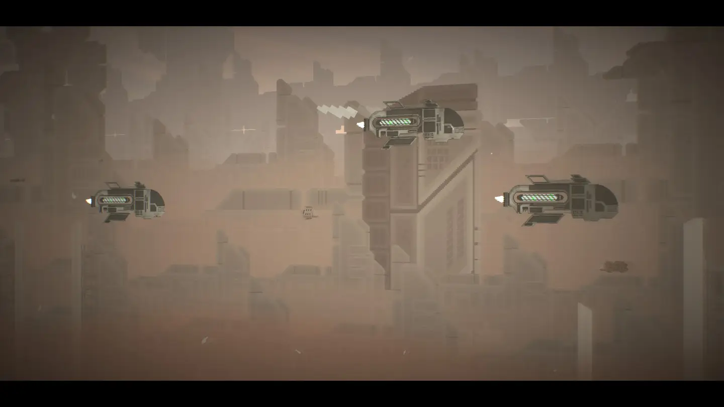 Eskadra statk&oacute;w kosmicznych lecąca nad dachami miasta.