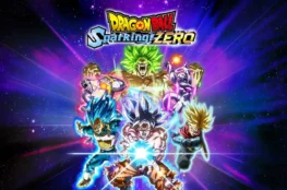 Plakat promocyjny gry "Dragon Ball: Sparking Zero" przedstawiający kilka postaci z serii Dragon Ball w różnych formach i kolorach, ustawionych dynamicznie na tle kosmicznej, fioletowej poświaty z promieniami światła.