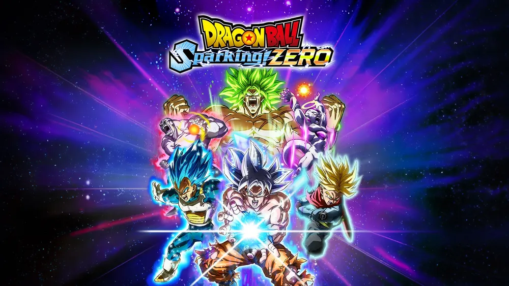 Plakat promocyjny gry "Dragon Ball: Sparking Zero" przedstawiający kilka postaci z serii Dragon Ball w różnych formach i kolorach, ustawionych dynamicznie na tle kosmicznej, fioletowej poświaty z promieniami światła.