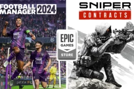 Okładki gier Football Manager 2024 i Sniper Ghost Warrior Contracts z logo Epic Games Store pośrodku.