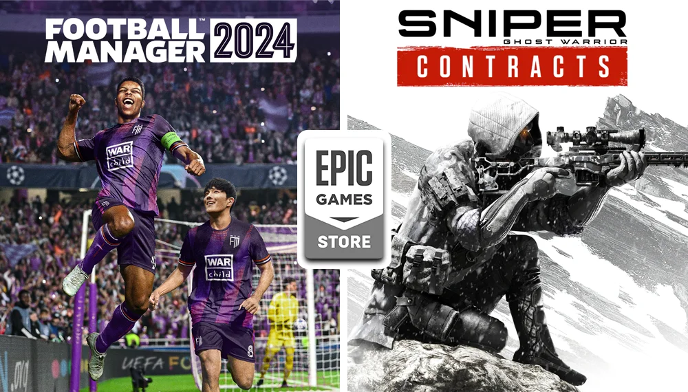 Okładki gier Football Manager 2024 i Sniper Ghost Warrior Contracts z logo Epic Games Store pośrodku.