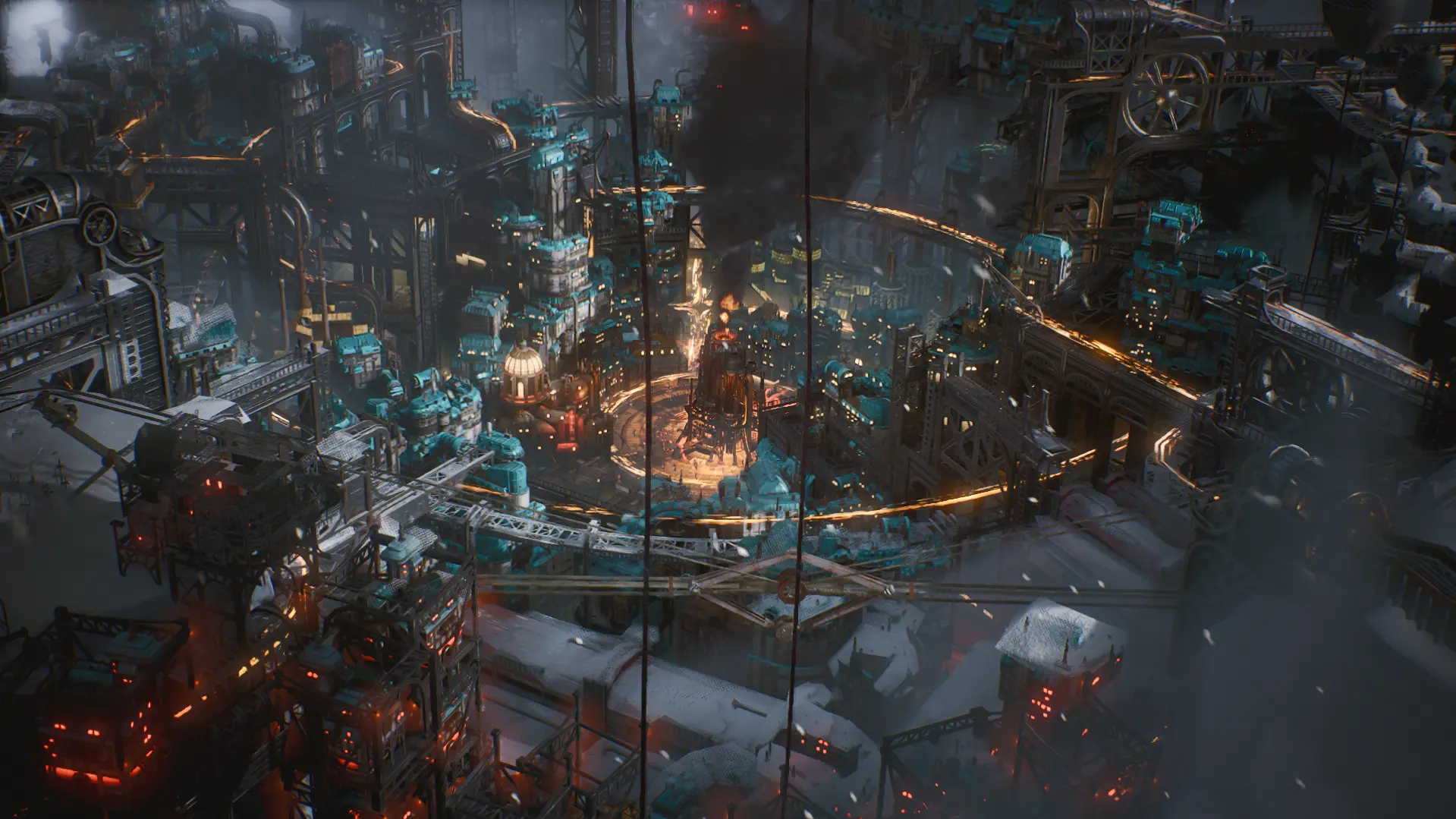 Przybliżony widok na jedną z dzielnic w grze Frostpunk 2