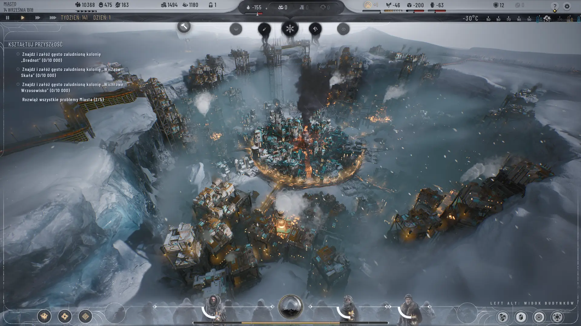 Widok na mroźne krajobrazy i rozbudowane miasto mieszczące się w kraterze