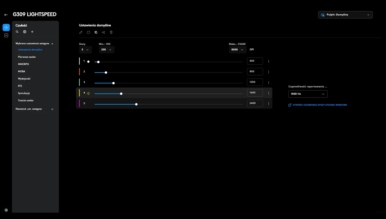 G-HUB: Logitech G309 (Ustawienia DPI)