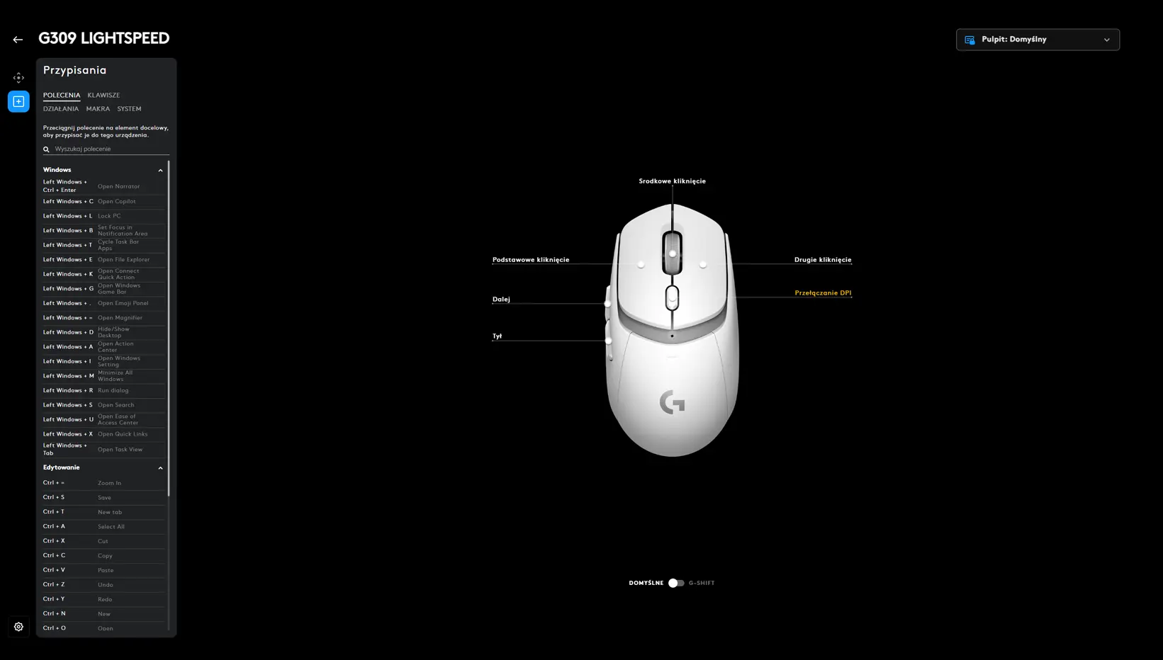 G-HUB: Logitech G309 (Przypisania przycisk&oacute;w)