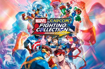 Marvel vs. Capcom Fighting Collection: Arcade Classics - kolorowa grafika promocyjna z postaciami, takimi jak Ryu, Chun-Li i Kapitan Ameryka, w dynamicznej walce.