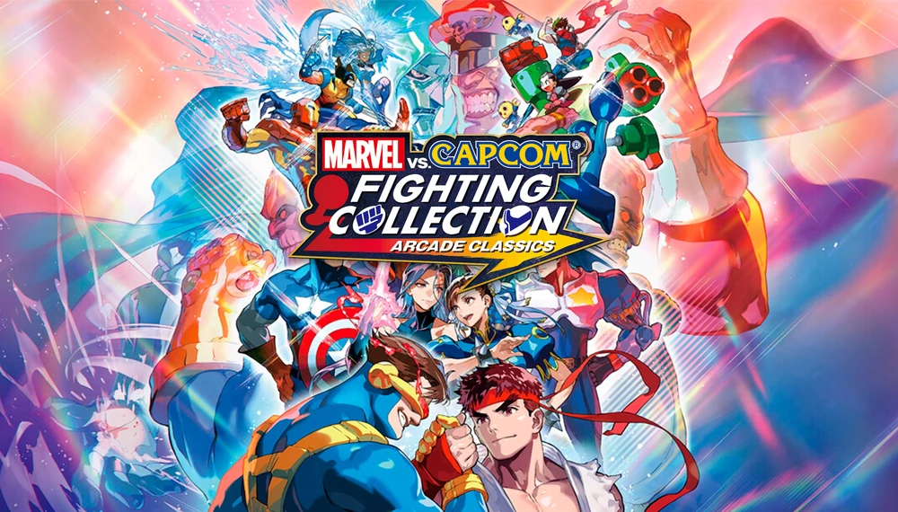 Marvel vs. Capcom Fighting Collection: Arcade Classics - kolorowa grafika promocyjna z postaciami, takimi jak Ryu, Chun-Li i Kapitan Ameryka, w dynamicznej walce.