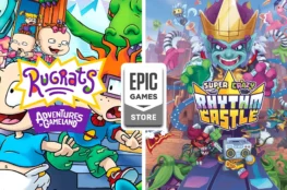 Grafika przedstawiająca dwie darmowe gry w sklepie Epic Games: Rugrats: Adventures in Gameland i Super Crazy Rhythm Castle za darmo w Epic Games Store.