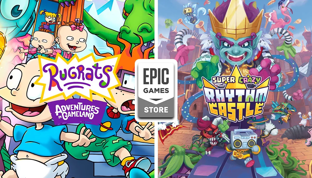 Grafika przedstawiająca dwie darmowe gry w sklepie Epic Games: Rugrats: Adventures in Gameland i Super Crazy Rhythm Castle za darmo w Epic Games Store.