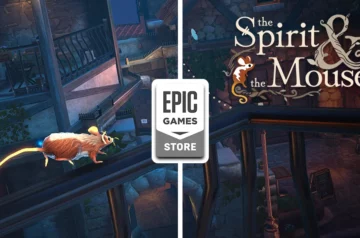 Grafika promująca grę 'The Spirit and the Mouse' dostępną za darmo w Epic Games Store. Na obrazku widoczna jest myszka biegnąca po barierce w nocnej, urokliwej scenerii miasteczka, obok logo gry i sklepu Epic Games.