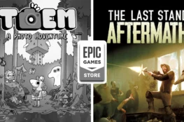 Grafiki promujące gry TOEM oraz The Last Stand: Aftermath, które są dostępne za darmo w sklepie Epic Games Store. Po lewej widoczna jest postać z aparatem w stylizowanej, czarno-białej scenerii z gry TOEM, a po prawej dynamiczna scena strzelaniny z gry The Last Stand: Aftermath.