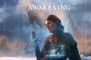 Grafika promocyjna gry 'Unknown 9: Awakening'. Na pierwszym planie widoczna jest młoda kobieta o rudych włosach, ubrana w ciemny płaszcz. Jej ręce uniesione są w geście kontroli lub manipulacji energią, otoczone niebieską mgłą. W tle widać skaliste formacje, chmury i latający statek kosmiczny. Atmosfera jest mistyczna i tajemnicza. U góry obrazu widnieje tytuł gry 'UNKNOWN 9 AWAKENING' na tle burzowego nieba.