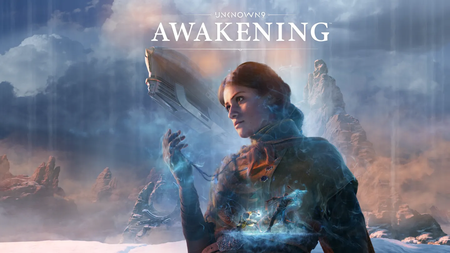 Grafika promocyjna gry 'Unknown 9: Awakening'. Na pierwszym planie widoczna jest młoda kobieta o rudych włosach, ubrana w ciemny płaszcz. Jej ręce uniesione są w geście kontroli lub manipulacji energią, otoczone niebieską mgłą. W tle widać skaliste formacje, chmury i latający statek kosmiczny. Atmosfera jest mistyczna i tajemnicza. U góry obrazu widnieje tytuł gry 'UNKNOWN 9 AWAKENING' na tle burzowego nieba.