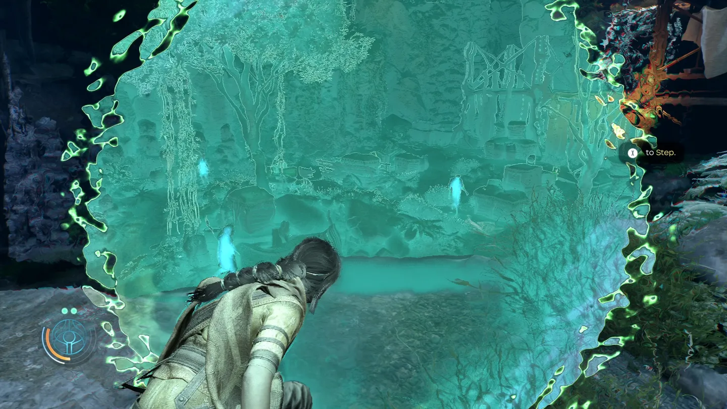 Obraz z gry ukazujący widok z perspektywy trzeciej osoby na turkusową, świecącą przestrzeń. Widoczne są zarysy drzew i innych struktur, jakby oglądanych przez magiczną lub technologiczną barierę. Na pierwszym planie widać fragment postaci gracza. Obraz otoczony jest świecącą, nieregularną ramką, co sugeruje specjalny tryb widzenia lub umiejętność w grze.