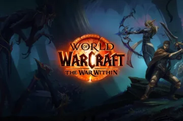 Baner gry World of Warcraft: The War Within. W centrum płonące logo gry. Po bokach postacie fantasy: mroczna sylwetka smoka, elf z magicznym łukiem oraz wojownik z mieczem. Tło przedstawia mistyczną, mroczną scenerię z błękitnymi odcieniami.