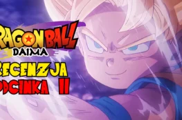 Grafika promocyjna przedstawiająca Super Saiyanina z intensywnym spojrzeniem, ze światłem przebijającym się od lewej strony. Na grafice znajduje się napis "Dragon Ball Daima" oraz "Recenzja Odcinka II" w kolorach czerwonym i żółtym.