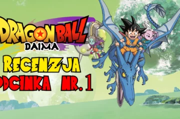 Na obrazku widnieje grafika promocyjna przedstawiająca serię „Dragon Ball Daima” oraz napis „Recenzja odcinka 1”. W tle znajduje się zielona planeta z księżycem. Głównymi postaciami są młody Goku w klasycznym pomarańczowym stroju, który siedzi na niebieskim smoku, a także dwie inne postaci: jedna o fioletowej skórze i białych włosach, druga o zielonej skórze i jasnych włosach, unoszące się w powietrzu na małym statku kosmicznym. Całość utrzymana jest w stylu anime, charakterystycznym dla serii „Dragon Ball”.