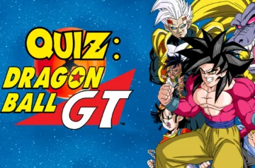 Obrazek przedstawia grafikę z quizem dotyczącym serii „Dragon Ball GT”. Na tle rozgwieżdżonego nieba widnieje napis „Quiz: Dragon Ball GT” w jaskrawych, żółtych i czerwonych literach, z charakterystycznym logo Dragon Balla. Po prawej stronie znajduje się grupa postaci z serii: Goku w formie Super Saiyan 4, Trunks, Pan, Vegeta oraz złoty małp Goku. Wszyscy bohaterowie mają wyraz determinacji na twarzy, a ich dynamiczne pozy podkreślają napięcie i energię charakterystyczne dla serii.