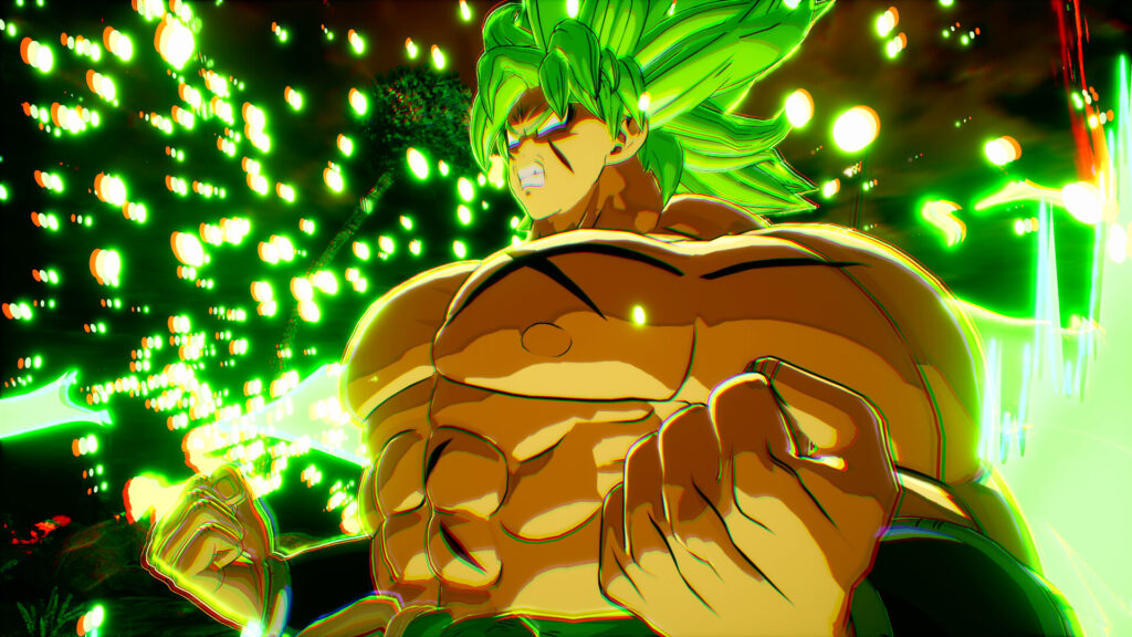  Broly, znany wojownik z serii Dragon Ball, w intensywnie zielonej formie, zaciska pięści i emanuje zieloną energią, a wokół niego unoszą się liczne punkty świetlne. Wygląda na skupionego i pełnego siły, gotowego do walki.