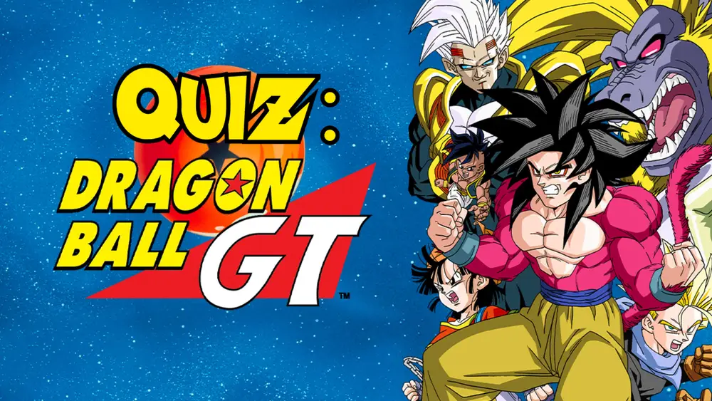 Obrazek przedstawia grafikę z quizem dotyczącym serii „Dragon Ball GT”. Na tle rozgwieżdżonego nieba widnieje napis „Quiz: Dragon Ball GT” w jaskrawych, żółtych i czerwonych literach, z charakterystycznym logo Dragon Balla. Po prawej stronie znajduje się grupa postaci z serii: Goku w formie Super Saiyan 4, Trunks, Pan, Vegeta oraz złoty małp Goku. Wszyscy bohaterowie mają wyraz determinacji na twarzy, a ich dynamiczne pozy podkreślają napięcie i energię charakterystyczne dla serii.