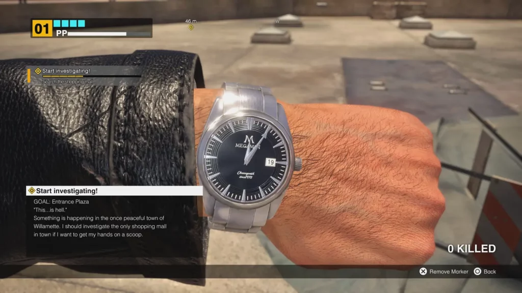 Zrzut ekranu z gry Dead Rising Deluxe Remaster. Widok ekranu z zegarkiem.