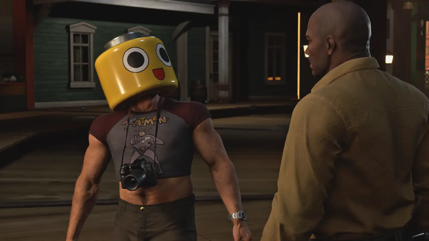 Frank West w za małym dziecięcym stroju i z głową ludzika LEGO rozmawia z Bradem.