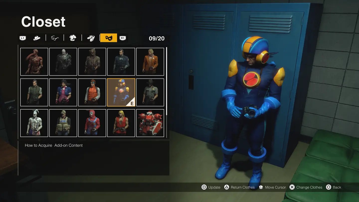 Ekran wyboru stroj&oacute;w z gł&oacute;wnym bohaterem przebranym za Mega Mana.