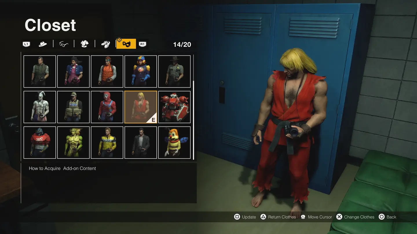 Ekran wyboru stroj&oacute;w z gł&oacute;wnym bohaterem przebranym za postać Kena z serii Street Fighter.