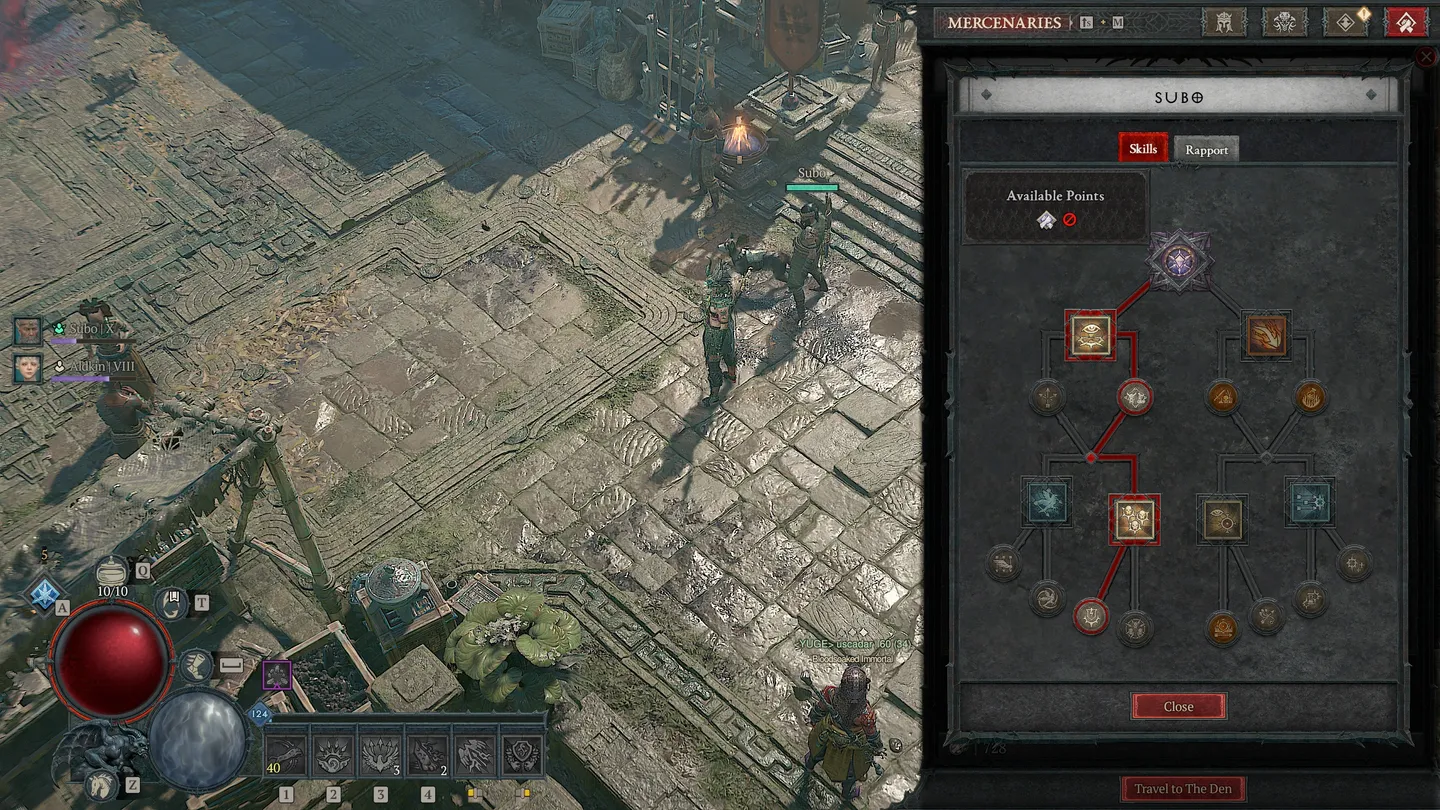 Lokacja Ancient Nexus w Diablo IV. Widok z g&oacute;ry na grupę postaci stojących w centrum okrągłej platformy. Po prawej stronie widoczny czerwony portal.