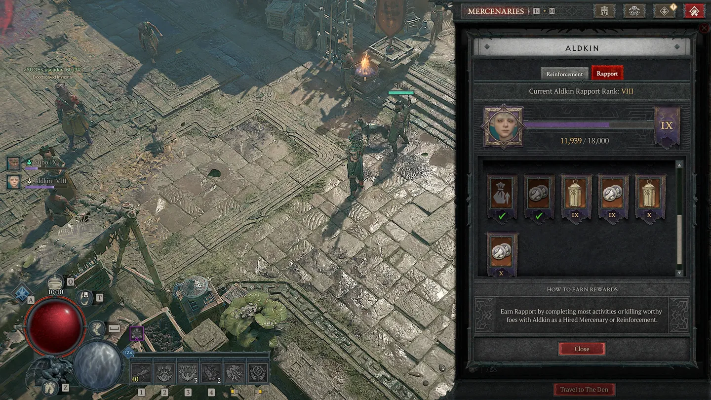 Interfejs wyszukiwania drużyny w Diablo IV. Widoczne opcje wyboru aktywności, rozszerzenia i etykiet. W prawym g&oacute;rnym rogu ikona postaci gracza.