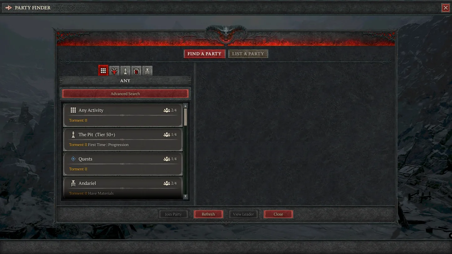 Menu wyszukiwania drużyny w Diablo IV. Lista dostępnych aktywności, w tym Torment II, The Pit i zadania. W g&oacute;rnej części przyciski do filtrowania wynik&oacute;w.