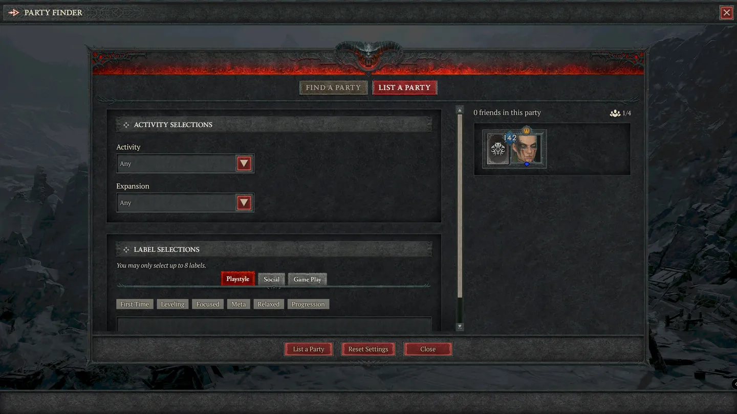 Interfejs wyszukiwania drużyny w Diablo IV. Widoczne opcje wyboru aktywności, rozszerzenia i etykiet. W prawym g&oacute;rnym rogu ikona postaci gracza.